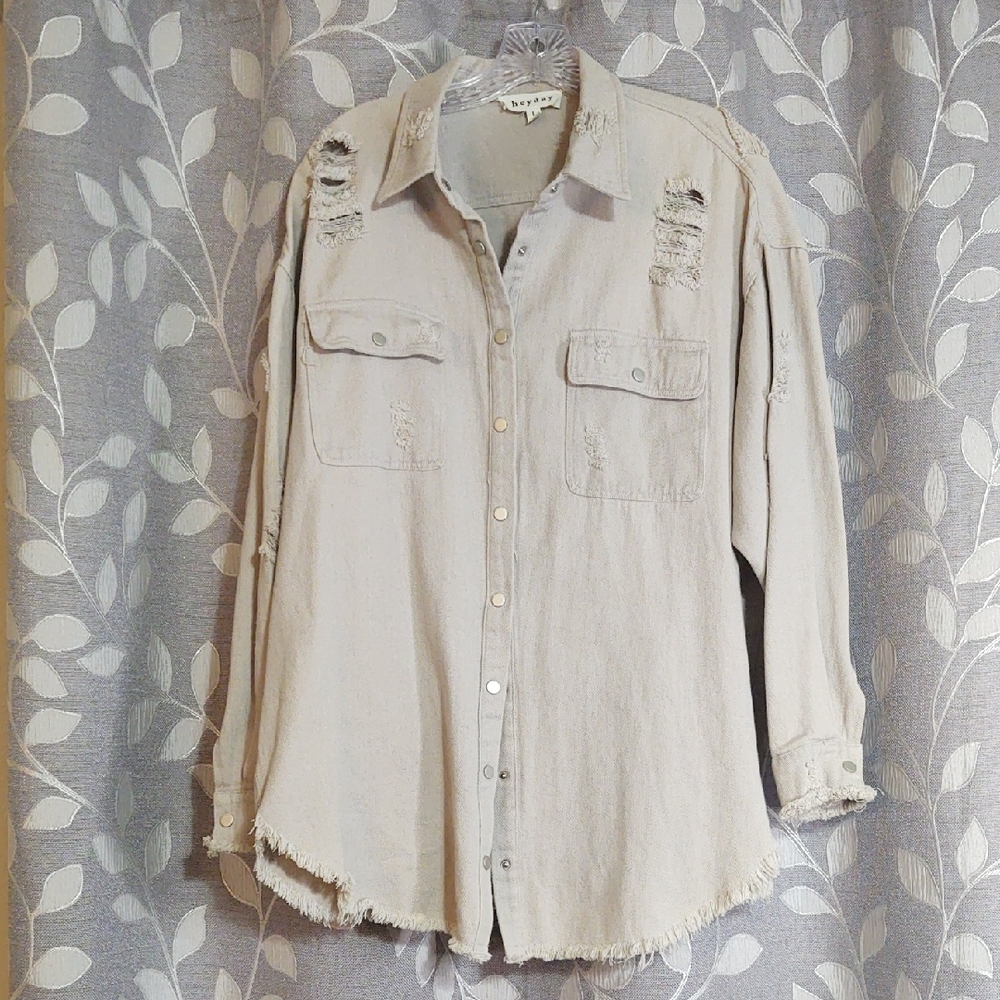 Heyday Beige Distressed Cotton Snap Shirt size L